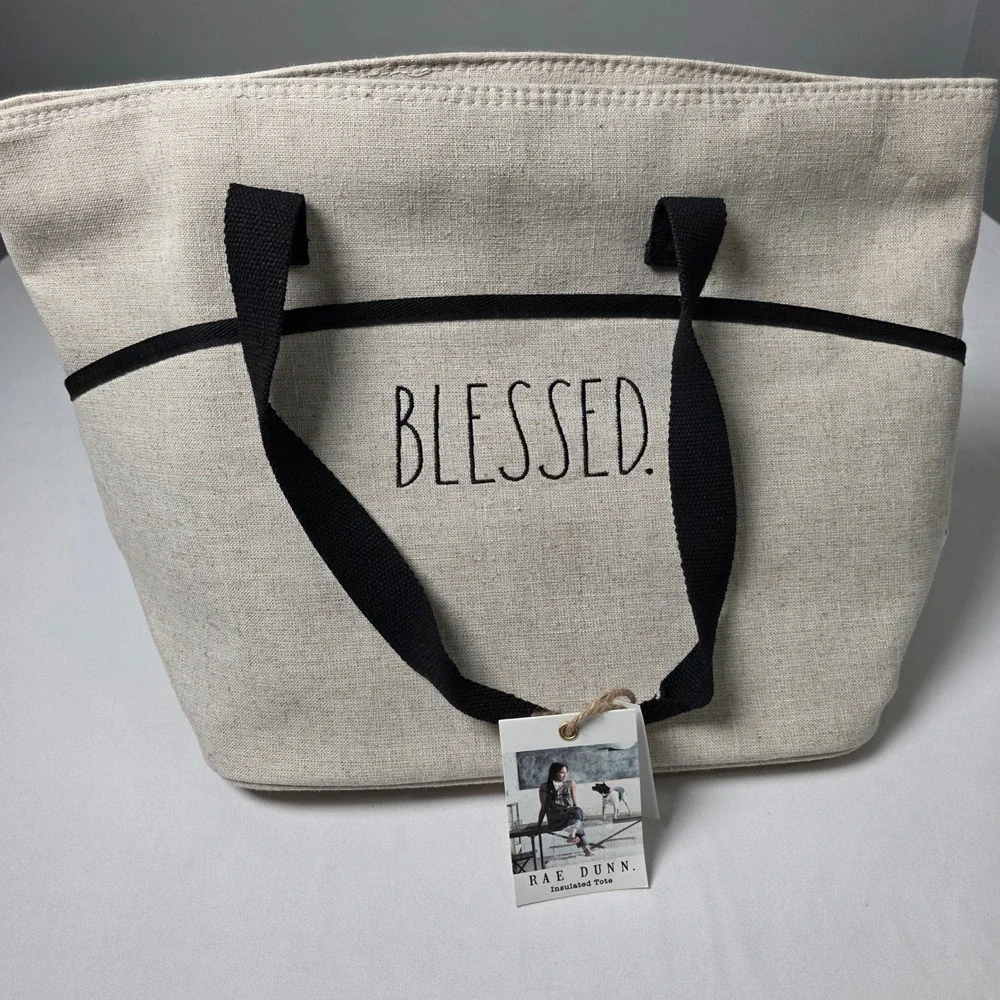 Rae Dunn Insulated Tote Bag Large Linen Beige Blessed Farmhouse Lined Cooler Bag